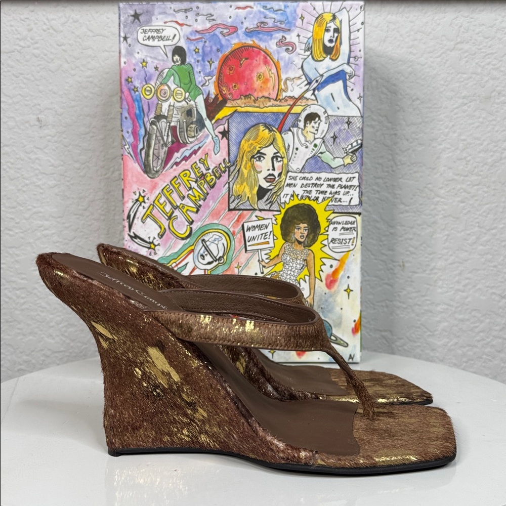 JEFFREY CAMPBELL ROMEE F CALF HAIR SCULPTED WEDGE SANDALS BROWN GOLD SPOT *NIB* - Picture 7 of 15